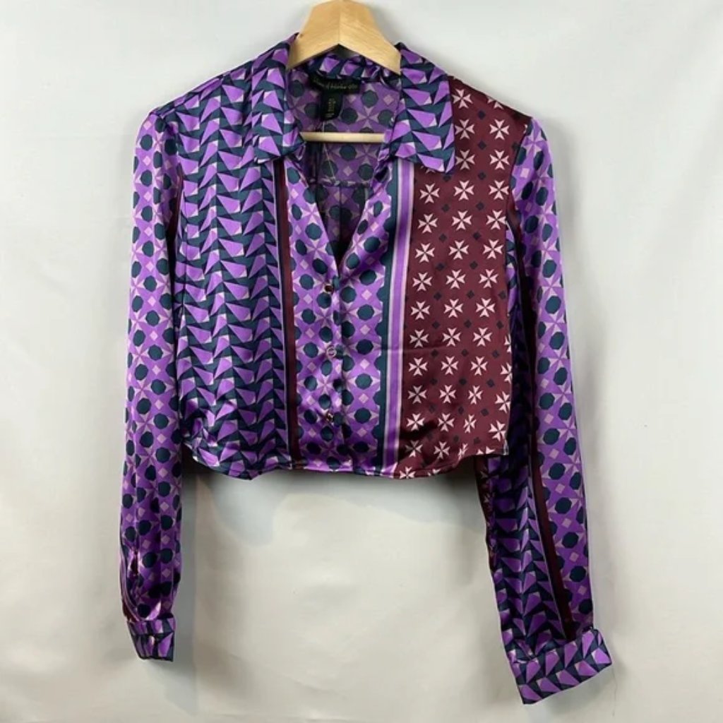House Of Harlow 1960 Revolve Satin Printed Crop Long Sleeve Blouse Sz M Nwt